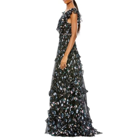 Mac Duggal Women's Black Floral Ruffled Chiffon Leena Maxi Dress Size 8 2808 - Picture 4 of 16